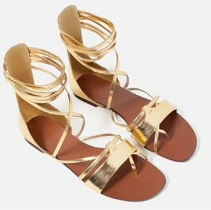 Zara Metallic Gold Leather Tie Up Sandals